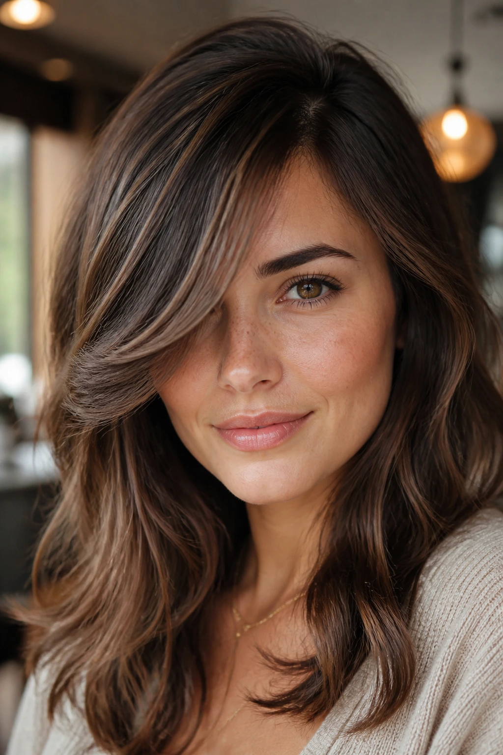 Close-up of a woman with a deep side part and brow-grazing sweep