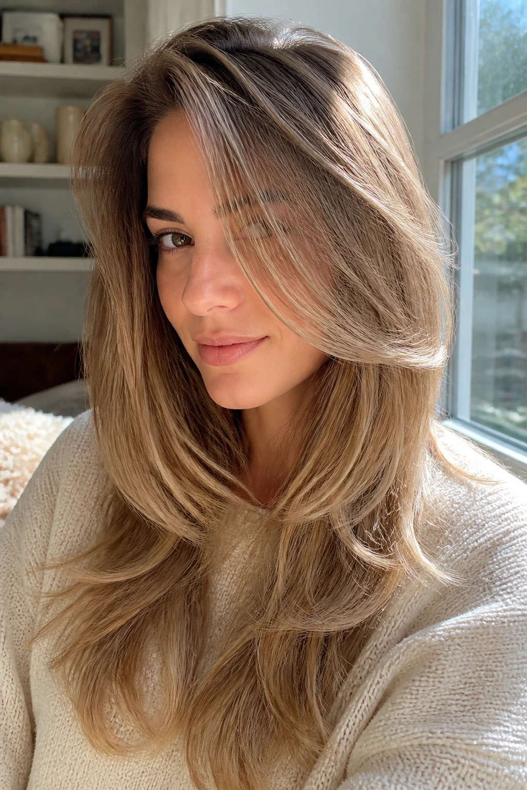 Close-up of deep side-part butterfly haircut on a real woman