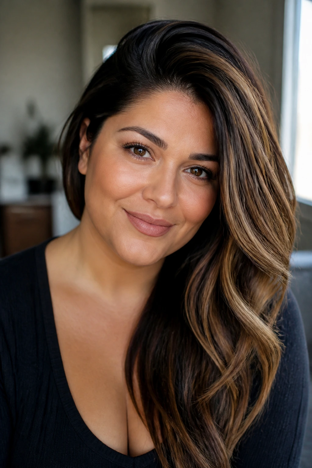 Portrait of a woman with deep side part and camel highlights pulled to one side