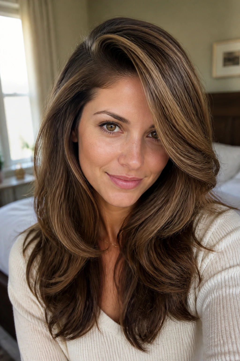Close-up of a real woman with deep side-part hair and cappuccino lowlights