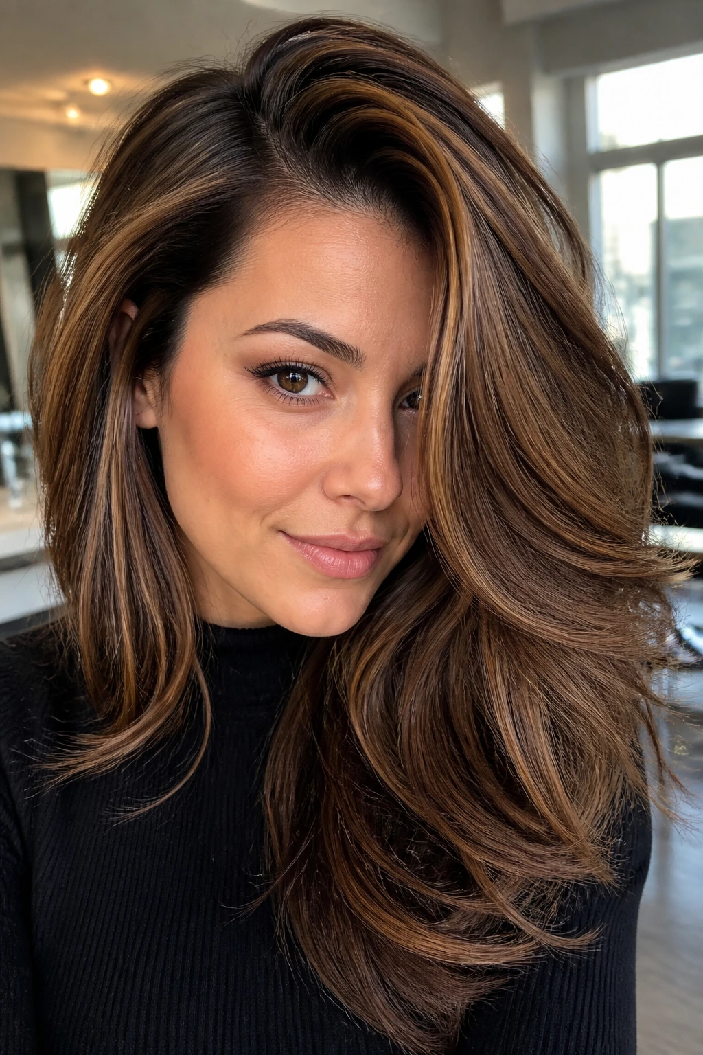 Deep side-part blowout with caramel ribbons on a real person.