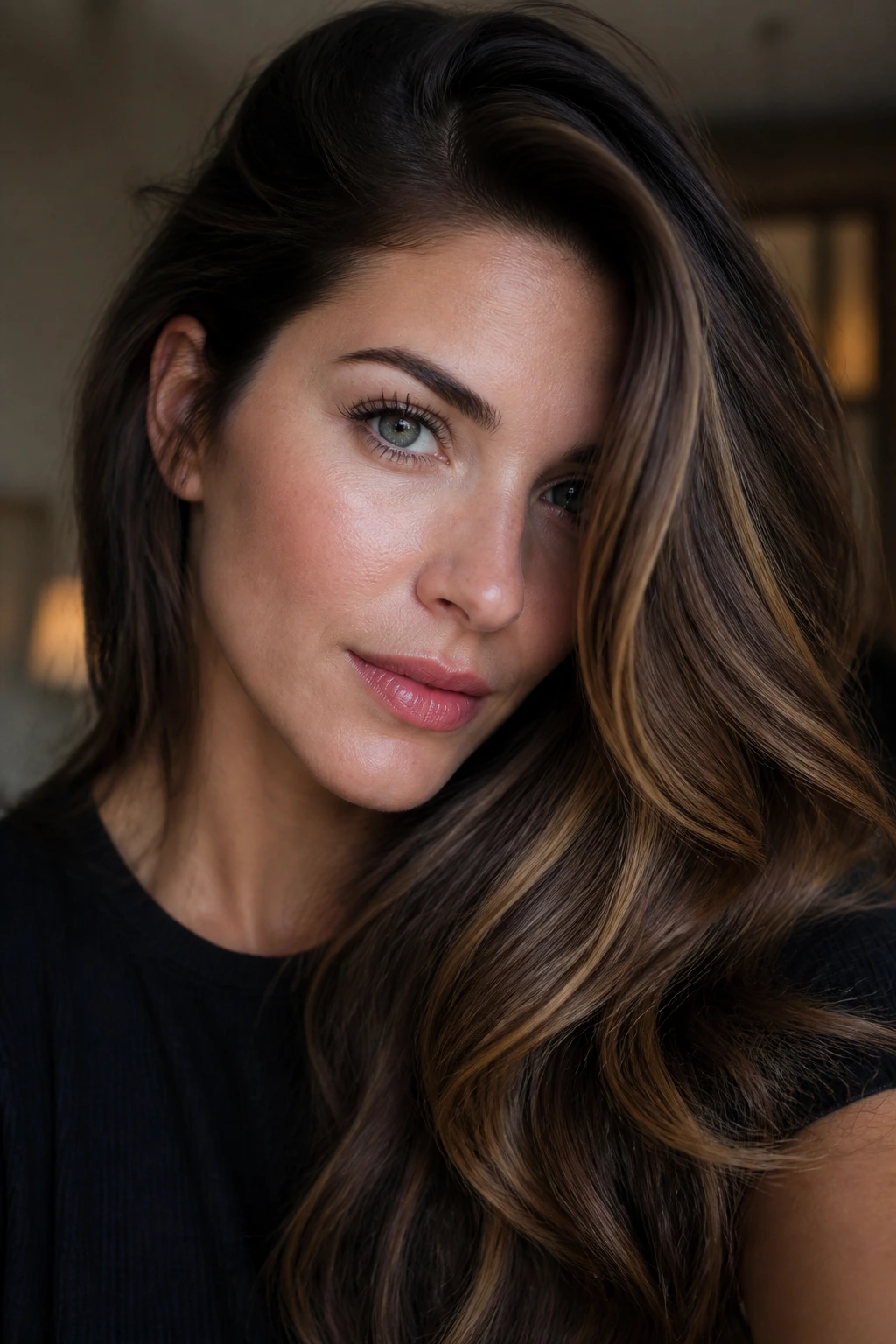 Close-up of brunette with deep side-part caramel highlights