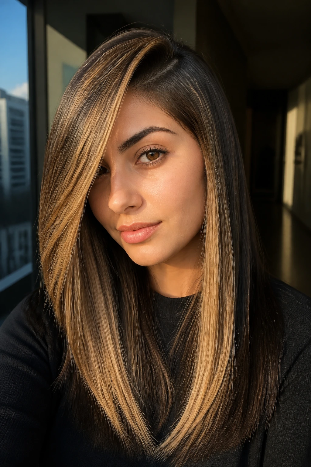 Real person with deep side-part and brighter caramel front panels