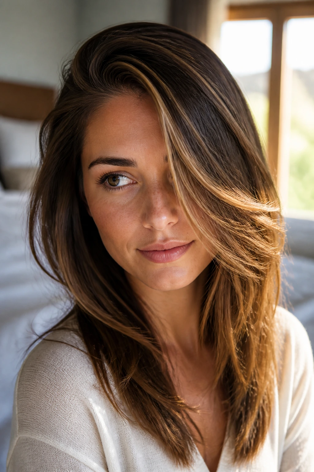 Close-up of a real person showing a deep side-part with caramel highlight sweep on layered straight hair.