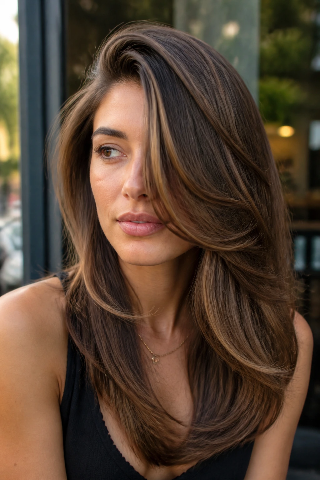 Close-up of a real person with a deep side-part cascade layers across the cheek