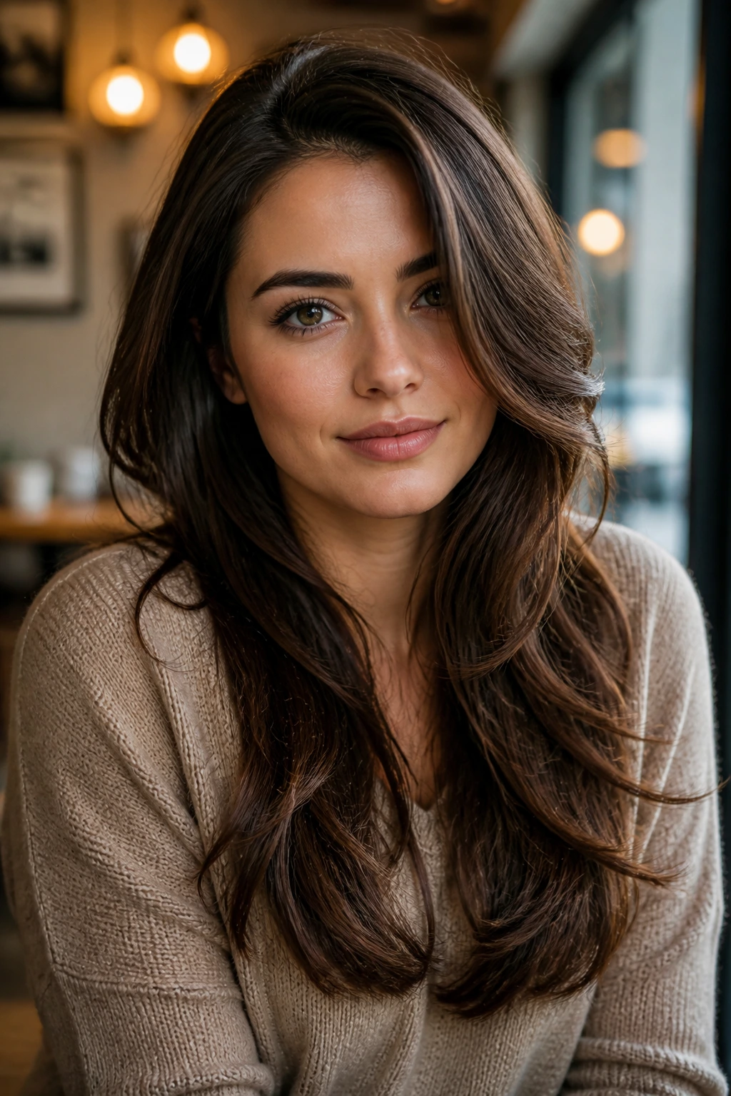 Portrait of a woman with a deep side part and cascading layered hair