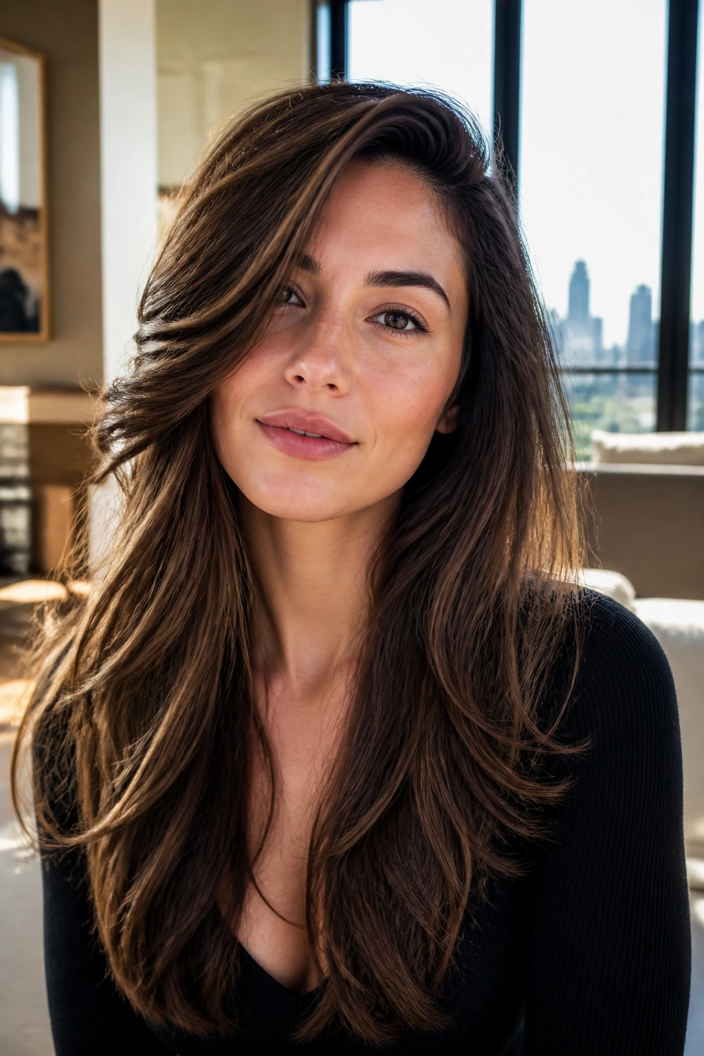 Portrait of a woman with a deep side part and cascading layers in a sunlit apartment