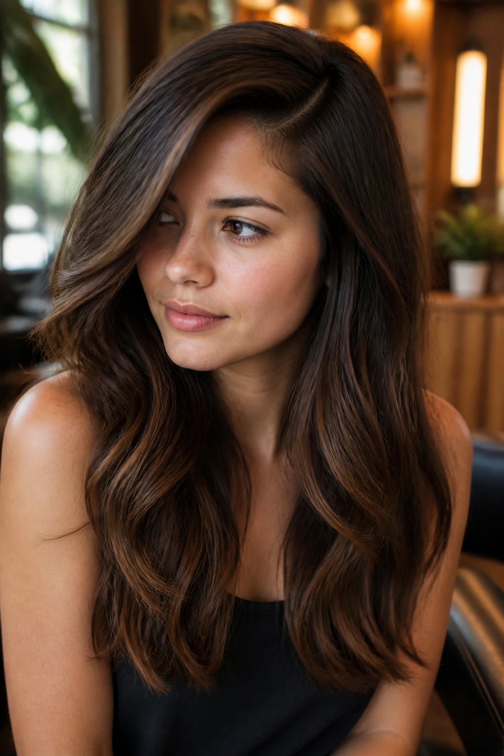 Real woman with a deep side part and cascading layers in a warm-lit salon setting.