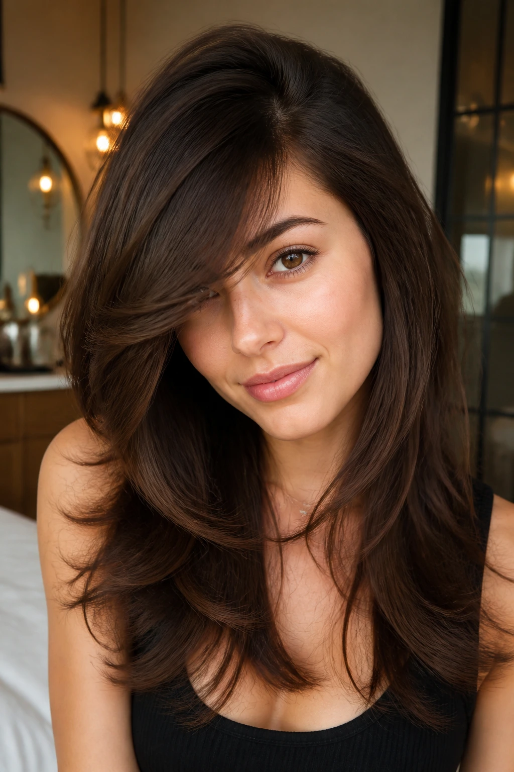 Close-up of a real woman with deep side-part bangs and cascading layers in a warm-toned room