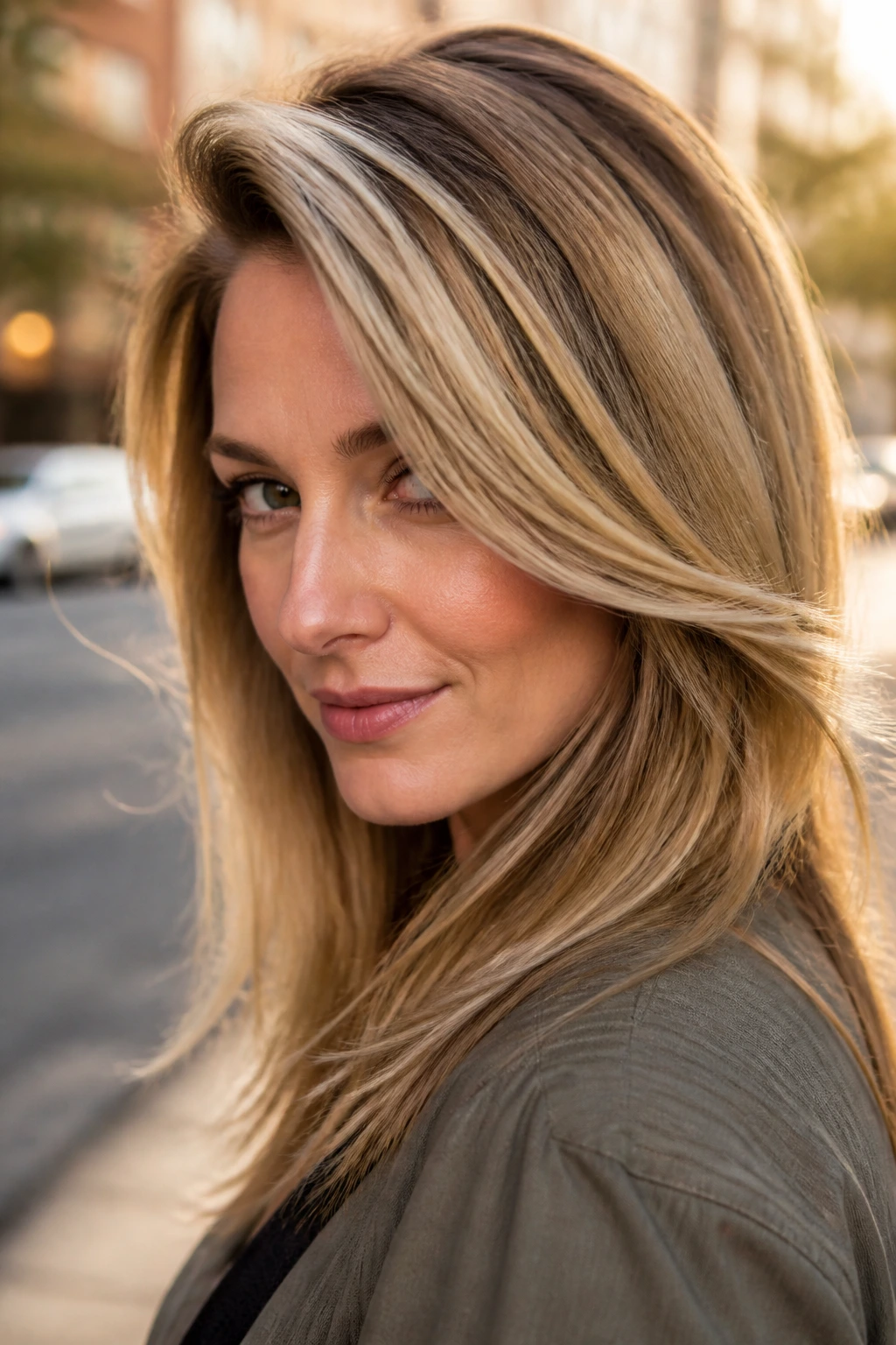 Deep side part sweeping across cheekbone in natural street light