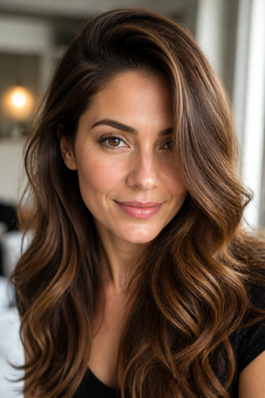Portrait of a woman with a deep side part and chestnut brown waves