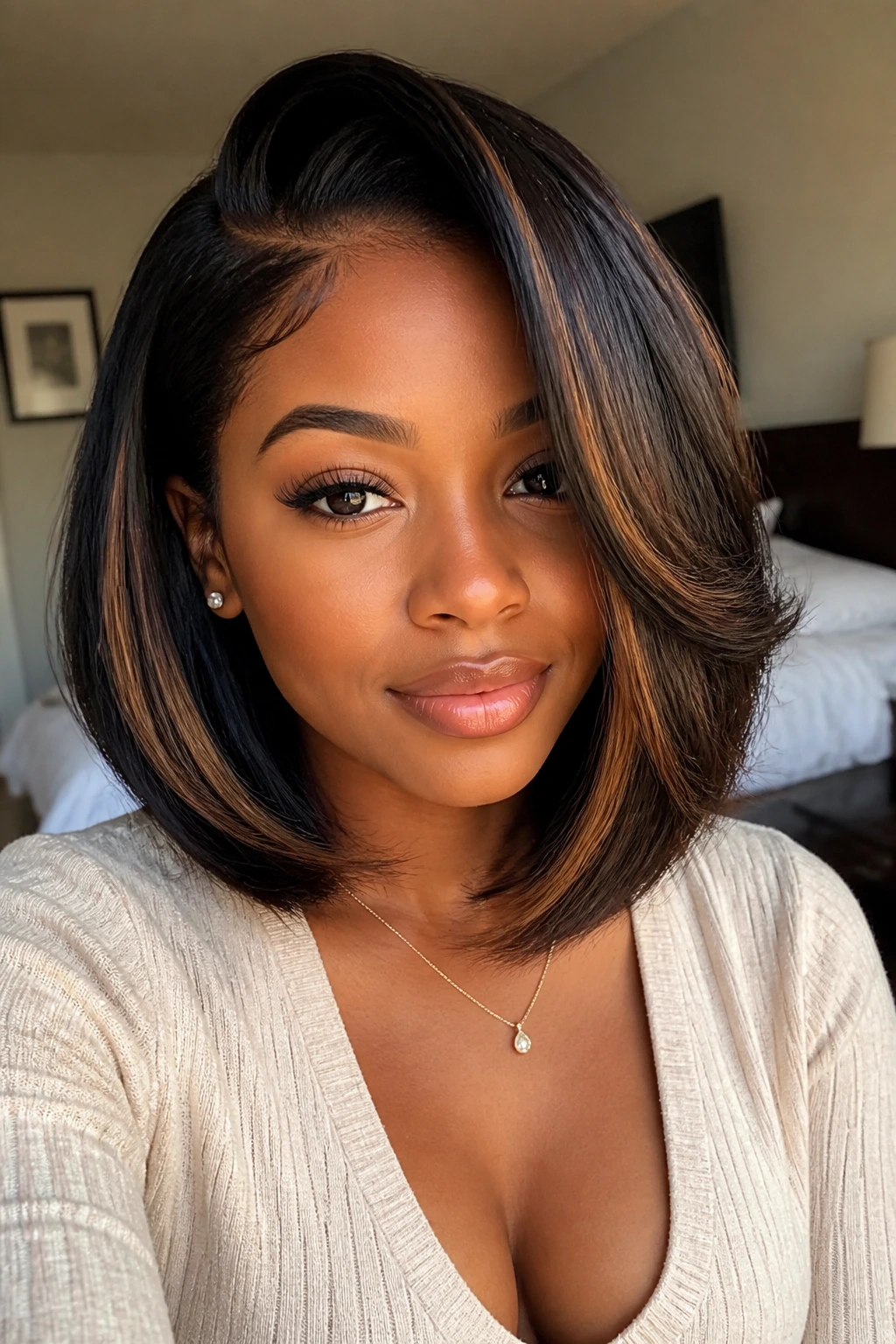 Close-up portrait of a real Black woman with deep side-parted layered bob and chestnut front ribbons.