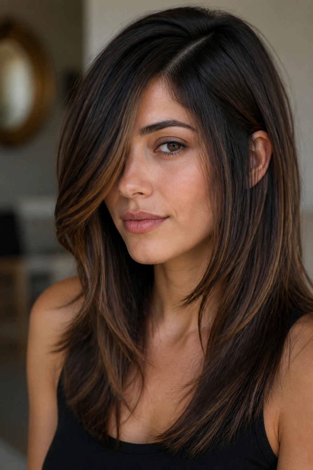 Woman with a deep side part and chin-skimming frame