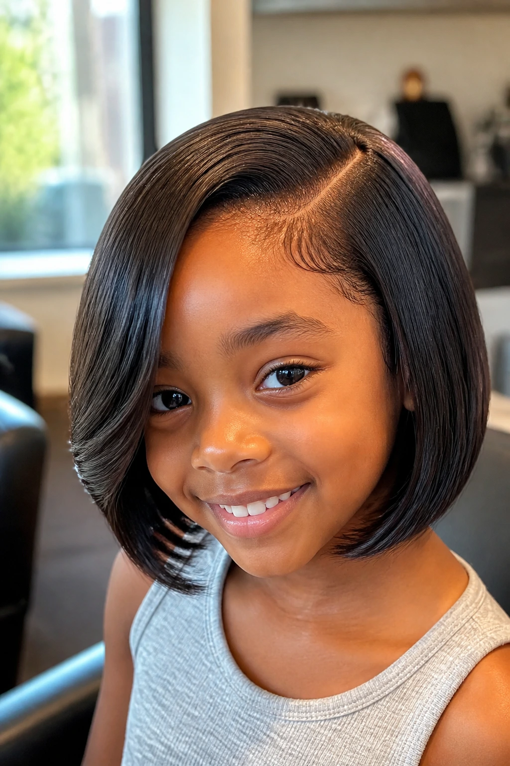 Close-up of a real child wearing a deep side-part closure bob hairstyle in a salon.