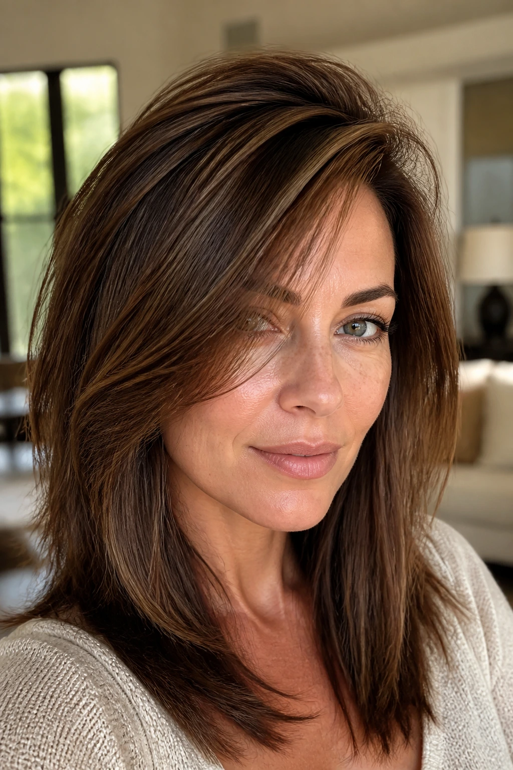 Close-up of deep side-part layers with cocoa lowlights on a real person