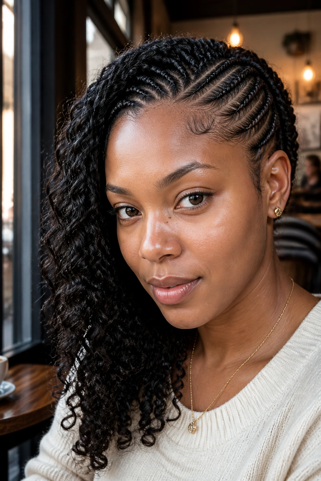 Portrait of person with deep side part cornrows and curly sweep