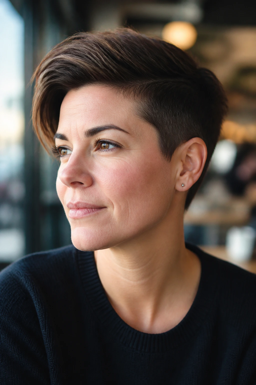 Real woman with deep side-part crop in bright cafe light
