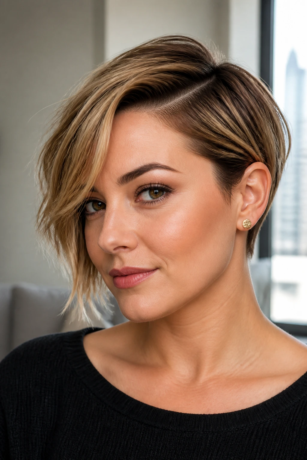 Portrait of a real person with a deep side part crop showing diagonal line narrowing the face