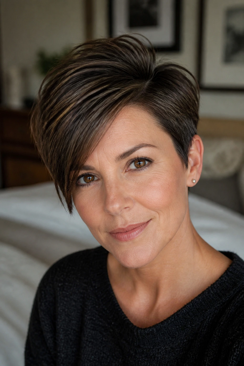 Close-up of a real woman with a deep side-part crop, diagonal part across forehead.