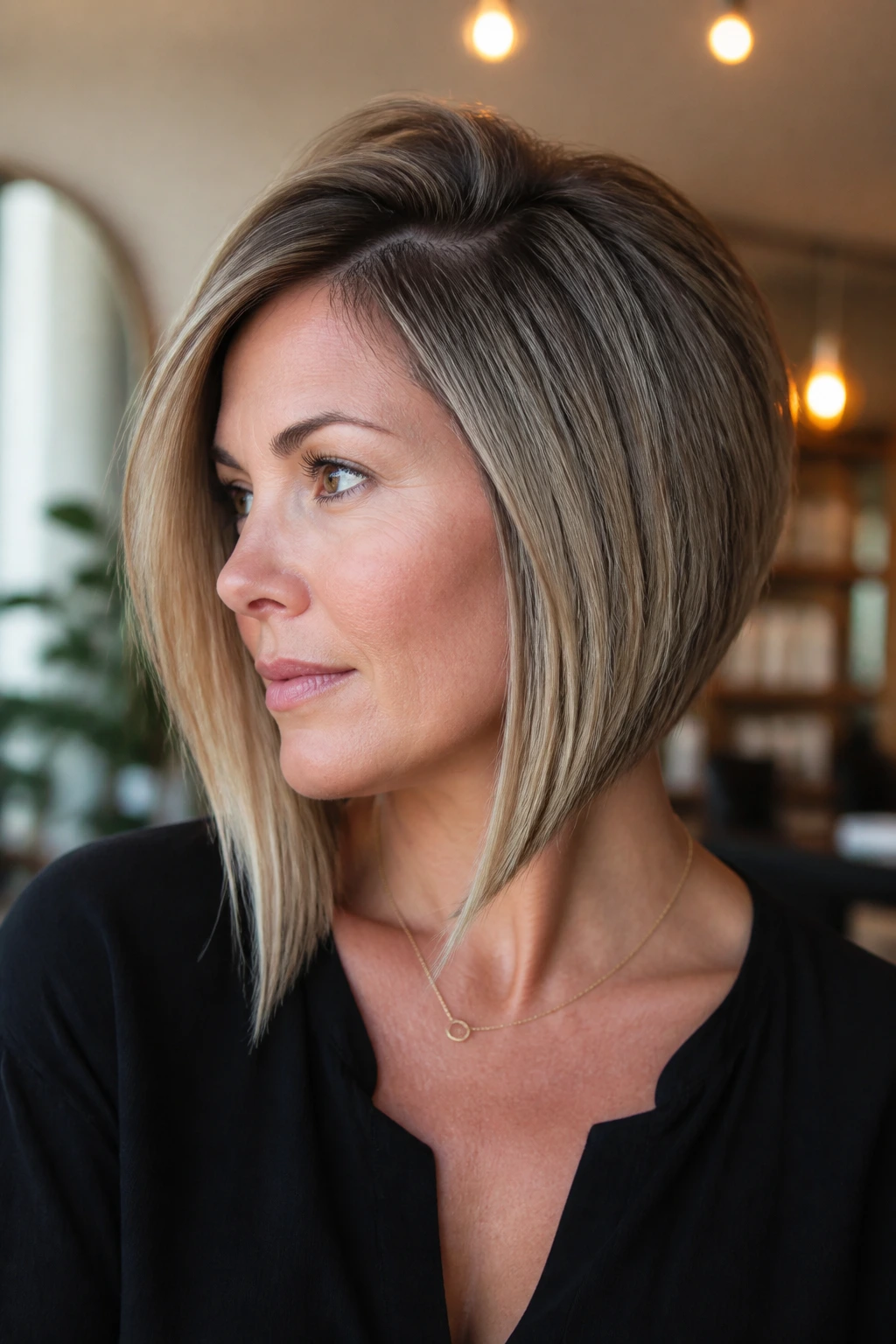 Portrait of a real woman with a deep side-part A-line bob and crown volume