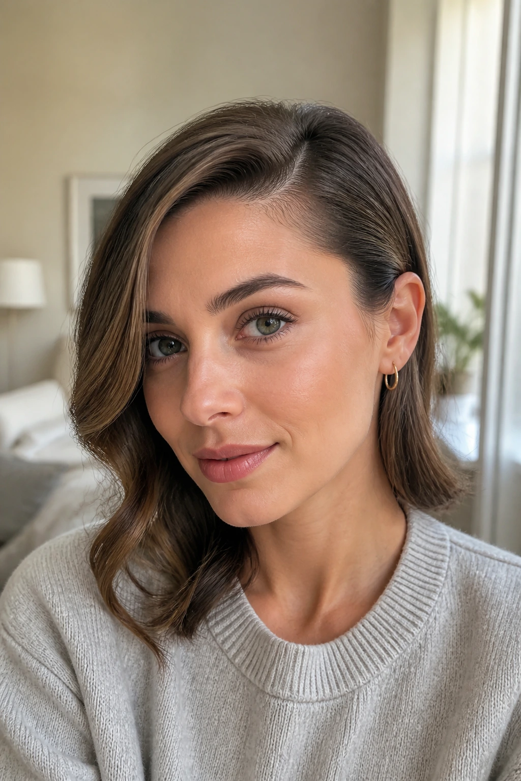 Close-up of a real woman with a deep side part, tucked behind one ear and a single soft curl along the jaw