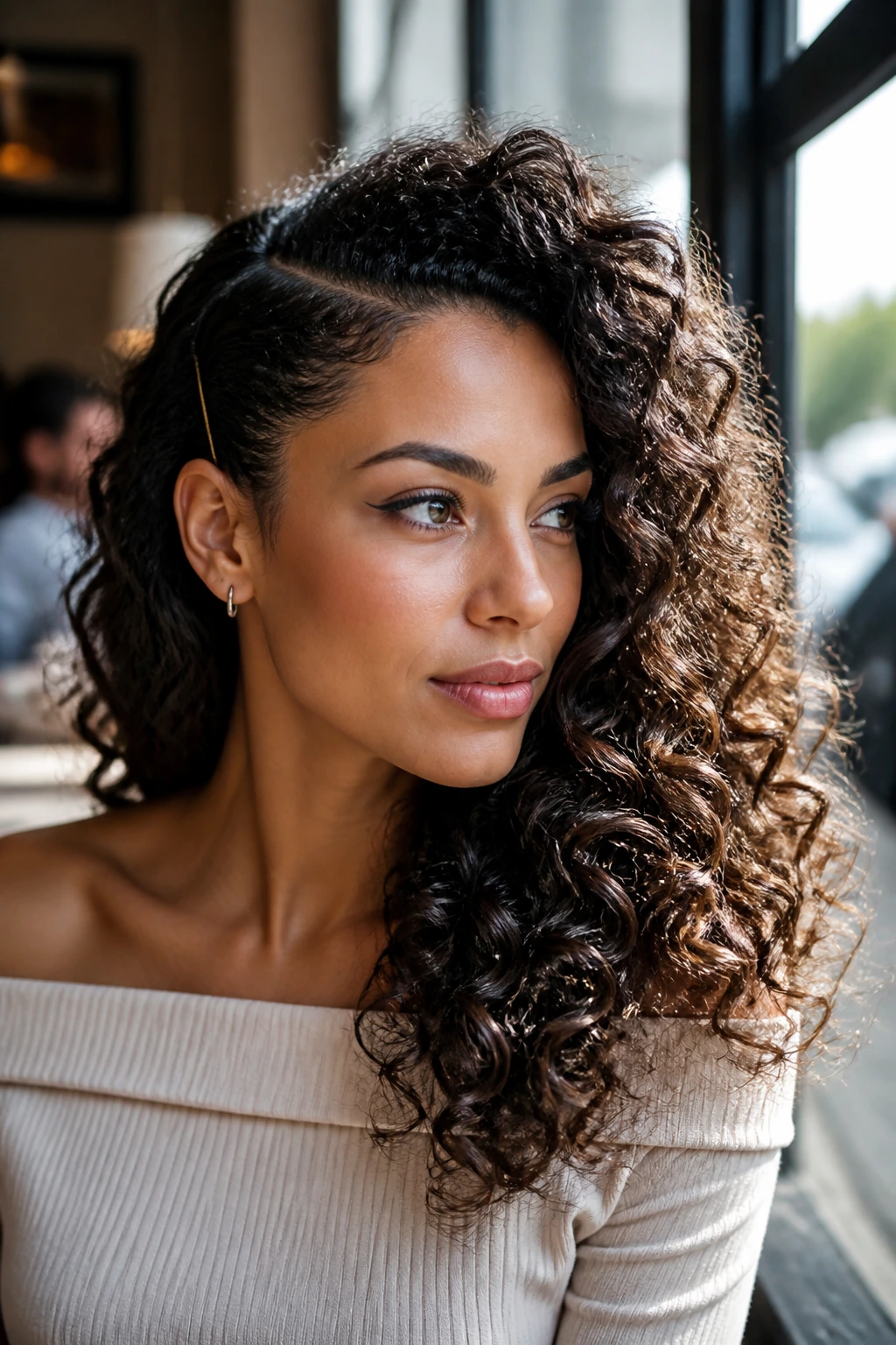 Portrait of a person with deep side-part glam curls