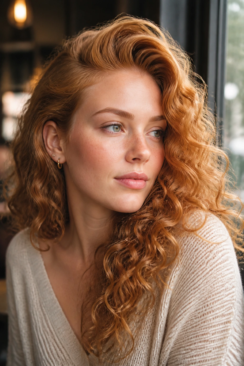 Close-up of a woman with deep side part and curly strawberry blonde hair