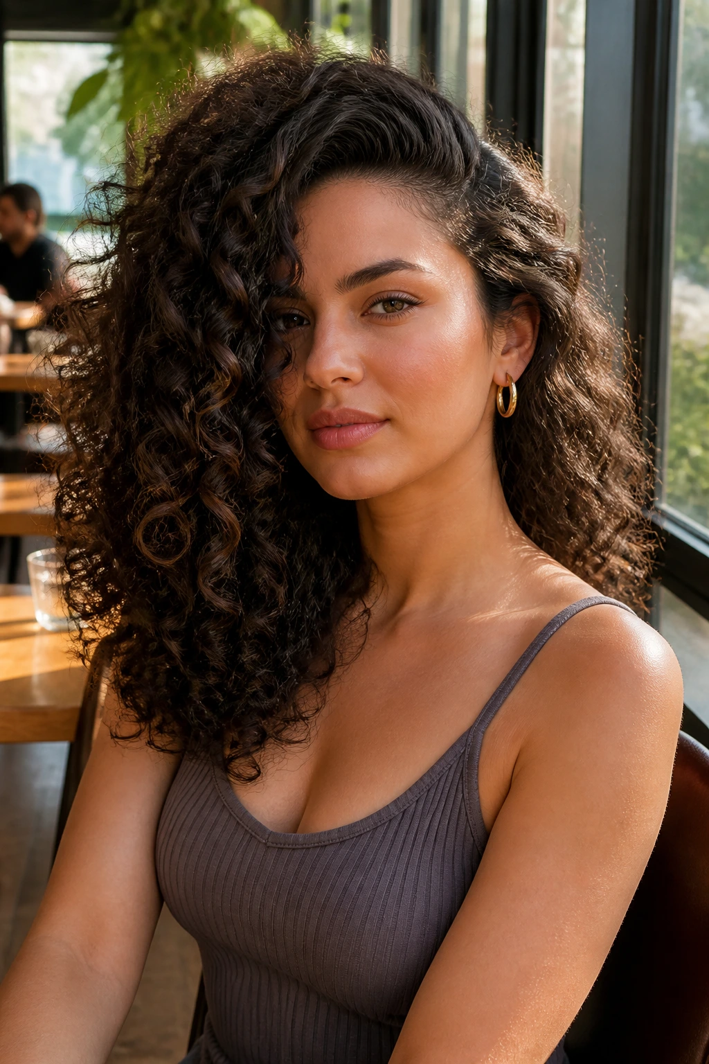 Real person with deep side-part sweep in thick curls