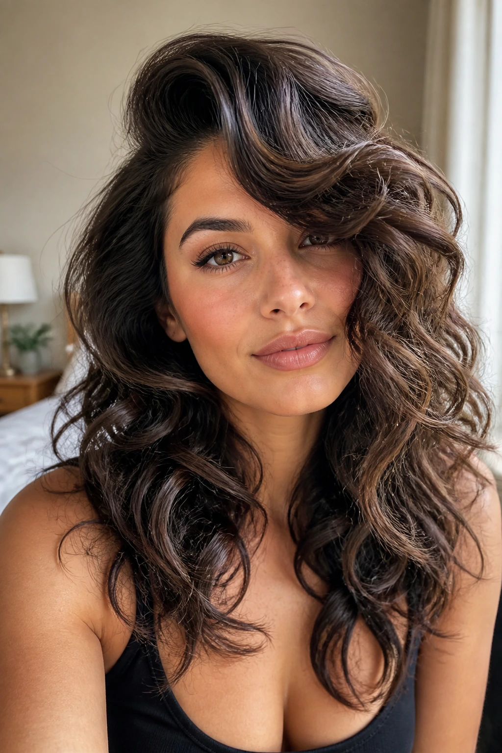 Close-up portrait of a real person with deep side-part glam layers and lifted crown