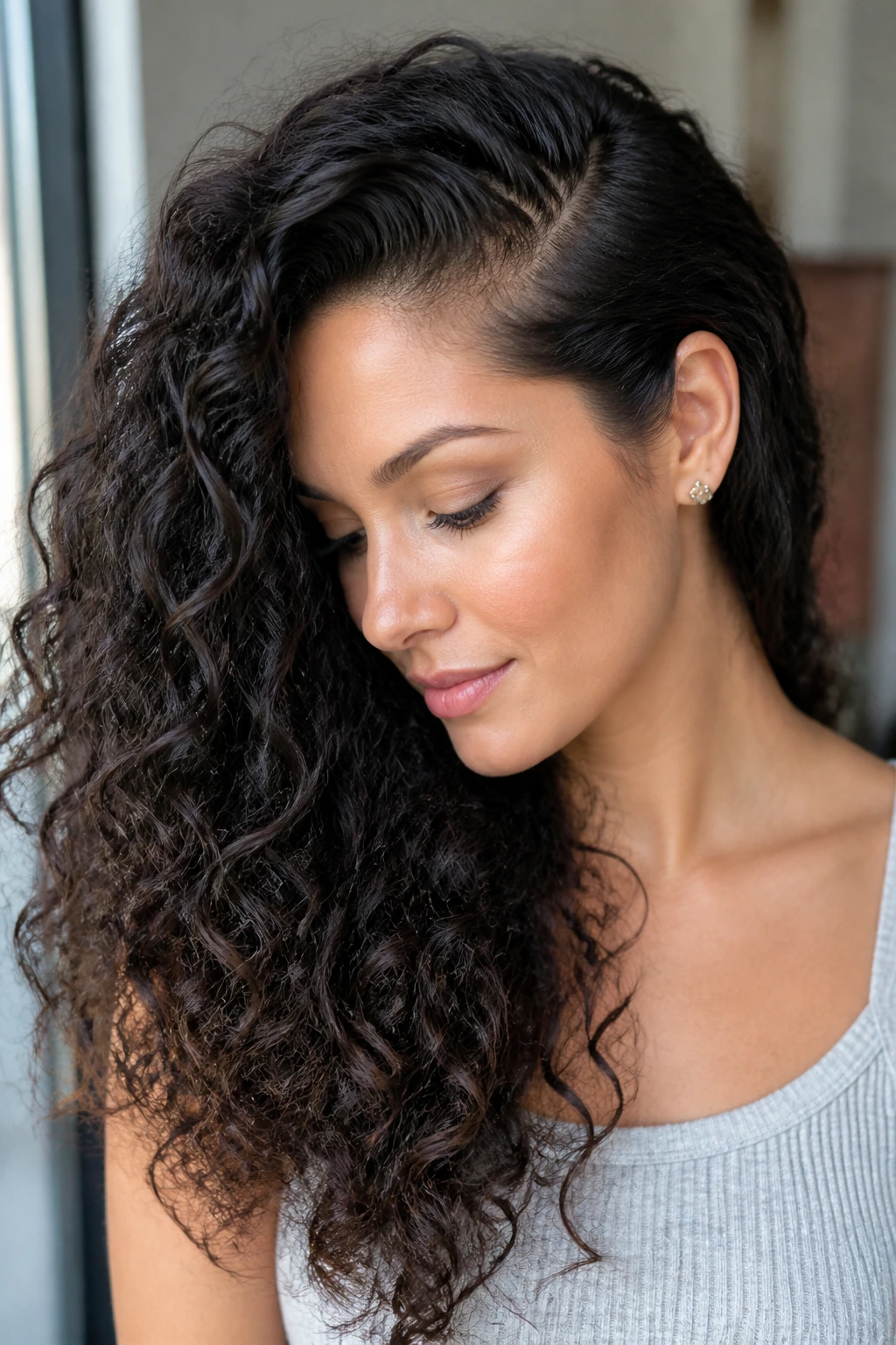 Close-up of curly hair with a deep side part framing the face