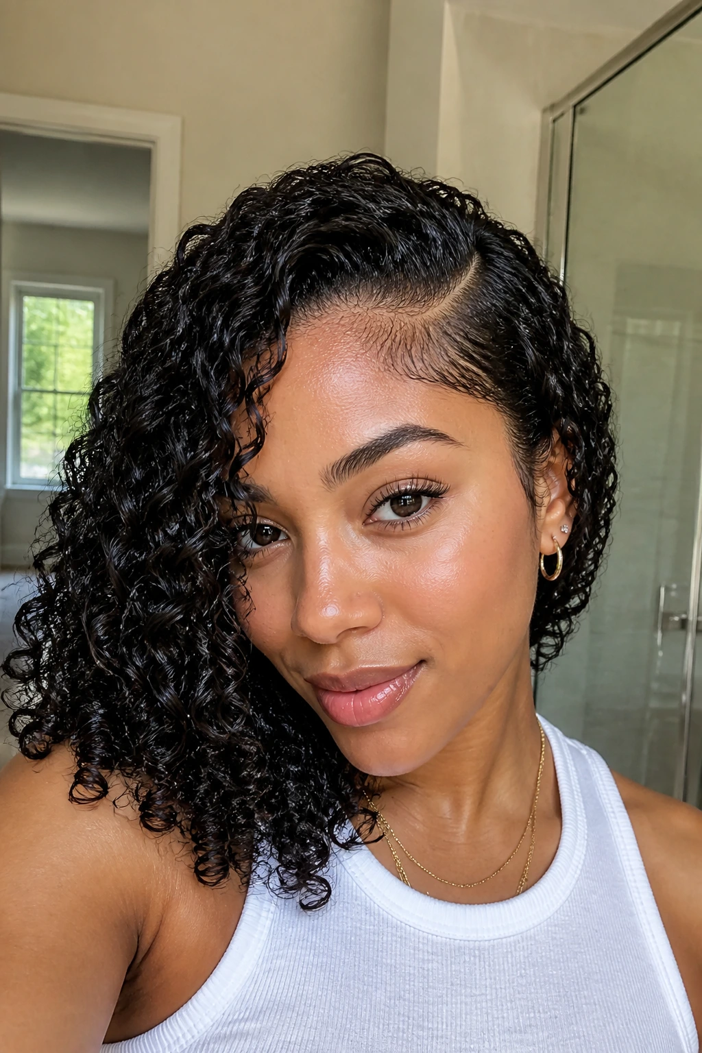 Close-up of a real person with deep side part and defined curls in a bright room.