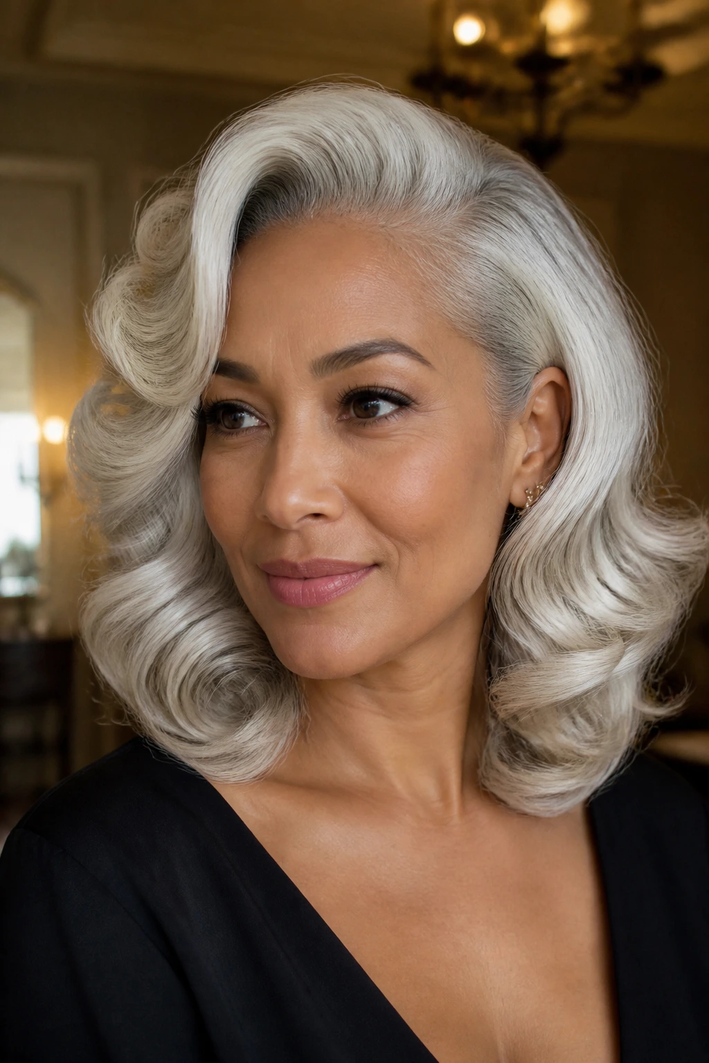Close-up portrait of a real person with a deep side part and barrel curls