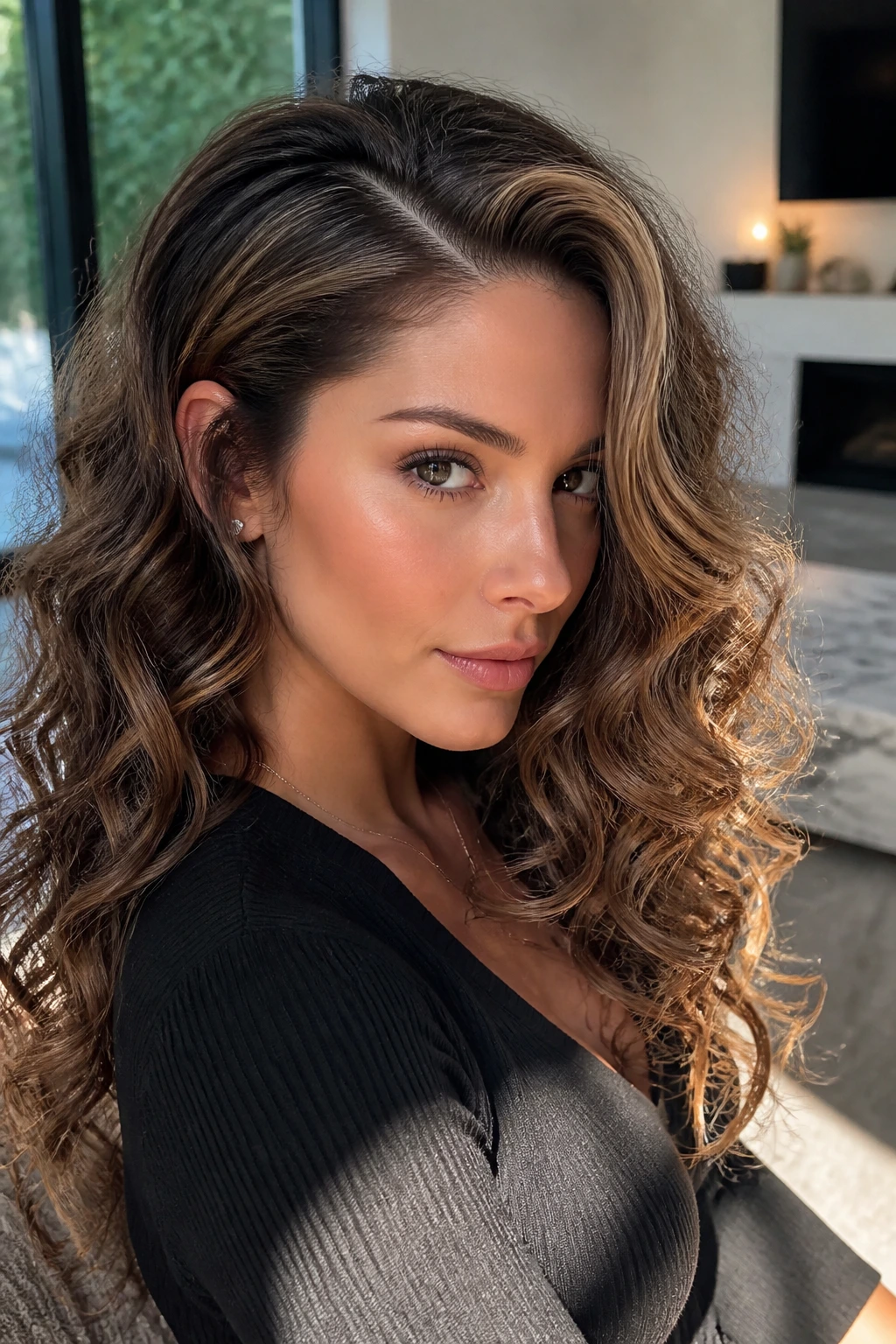Close-up profile of a real woman with a deep side part and curly babylights.