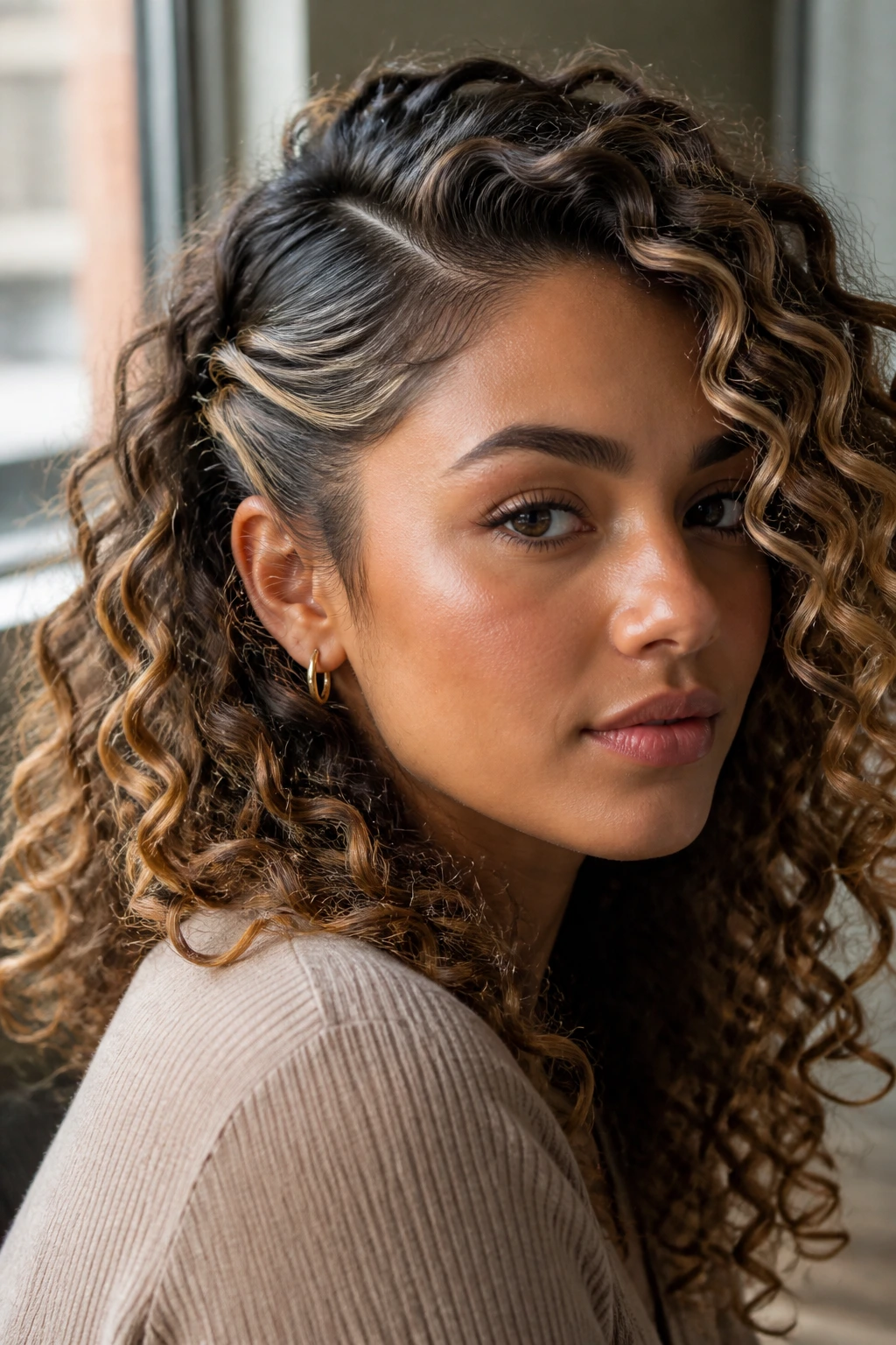 Portrait of deep side-part curls with tucked temple pieces