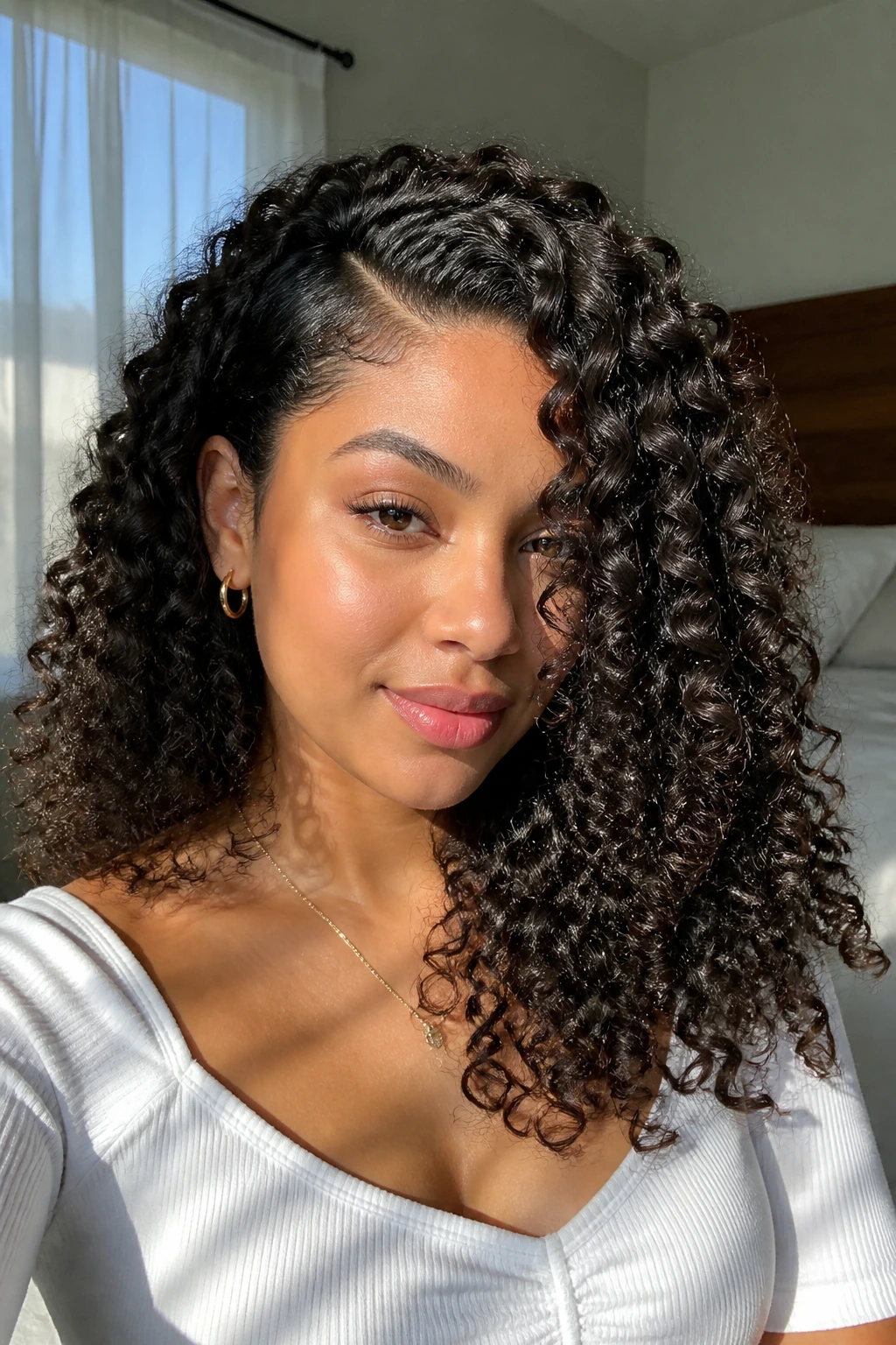 Close-up of a real person with a deep side-part and beachy curls in natural light