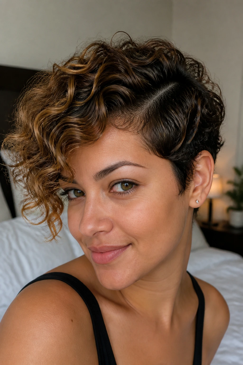 Close-up of a real woman's curly pixie with a deep side part and caramel highlights