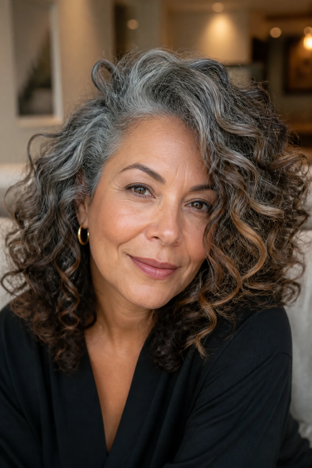 Close-up portrait of a real woman with deep side-part curls and caramel lowlights