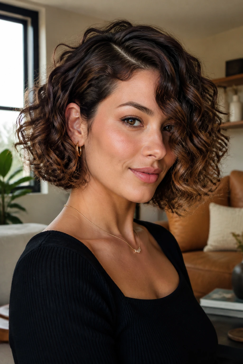Portrait of a real woman with a deep side-part curly bob and chocolate melt color