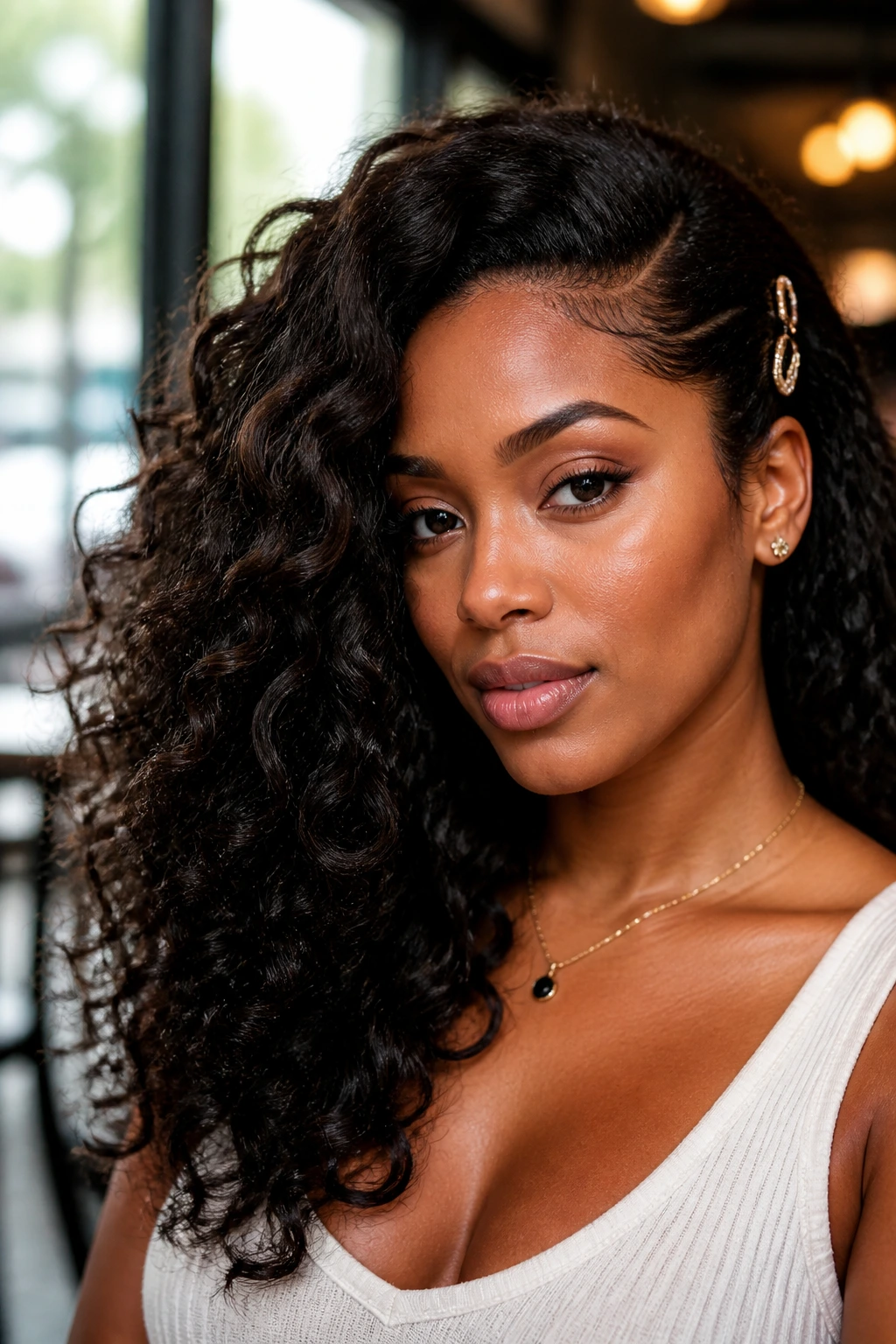 Real woman with a deep side part and glamorous curls in natural daylight
