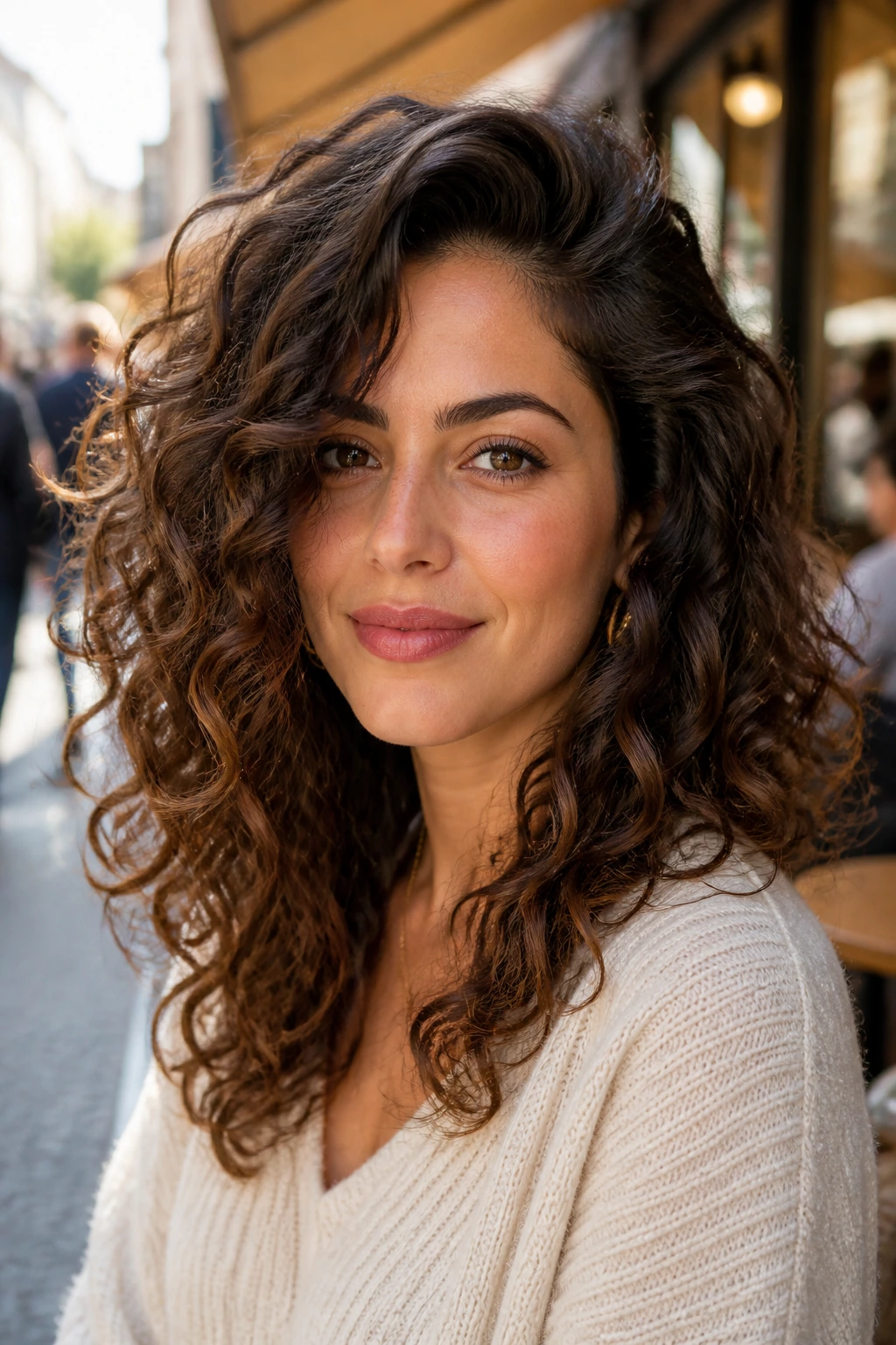 Close-up of a real woman with deep side-part curly layers