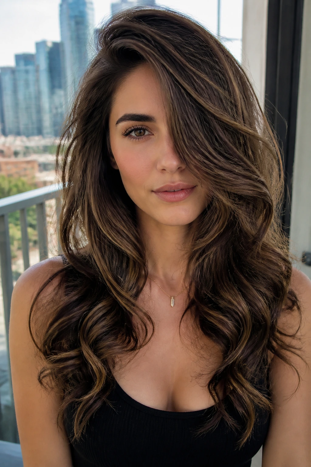 Close-up of a real woman with a deep side-part and layered long curls