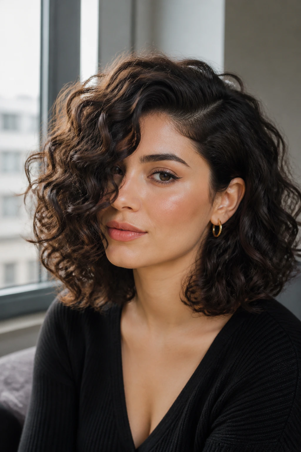 Close-up portrait of a real person with a deep side-part curly lob