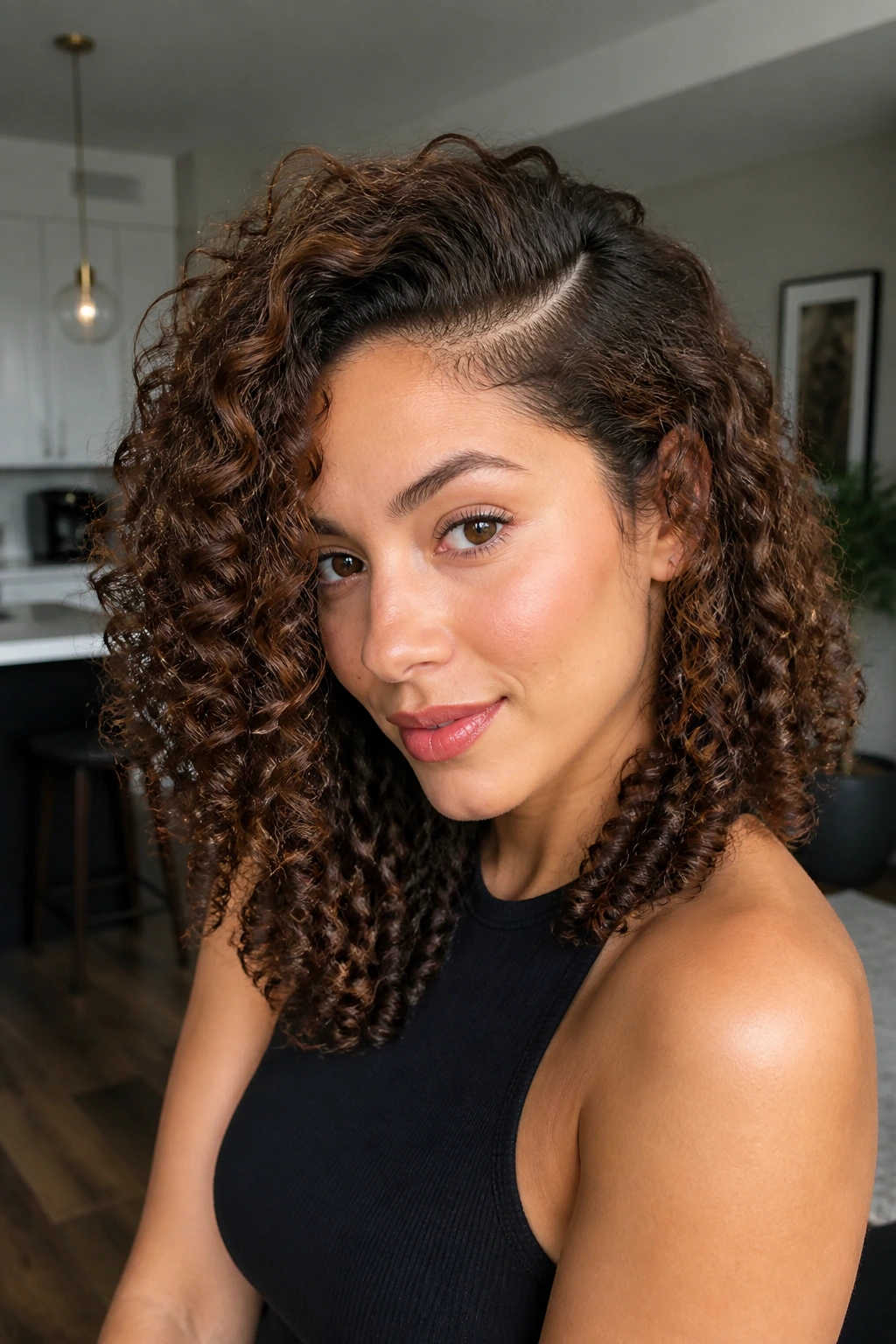 Close-up of a real person with deep side-part and voluminous curls