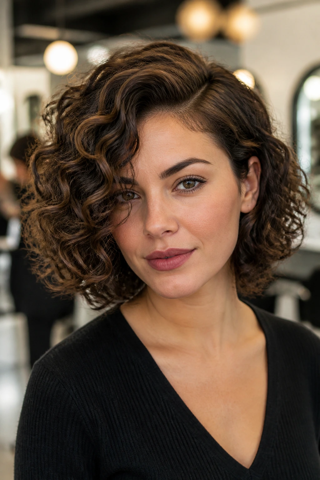 Close-up of real woman's deep side-part curly bob