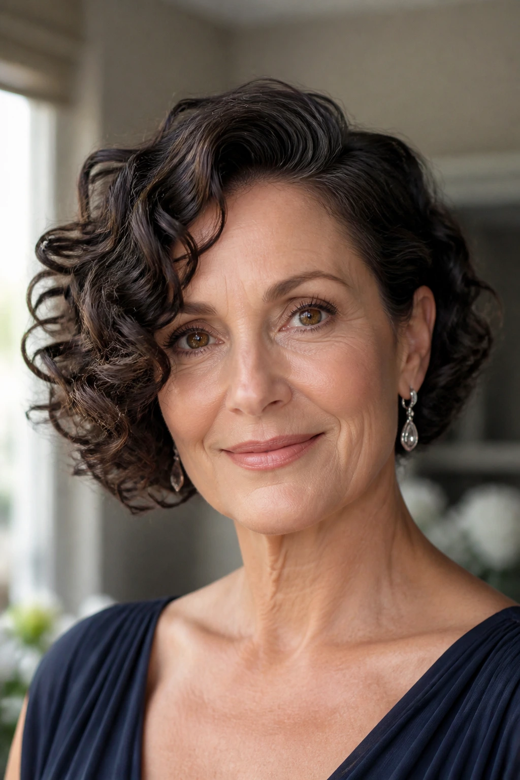 Close-up of a real woman with a deep side-part curly bob and defined curls.