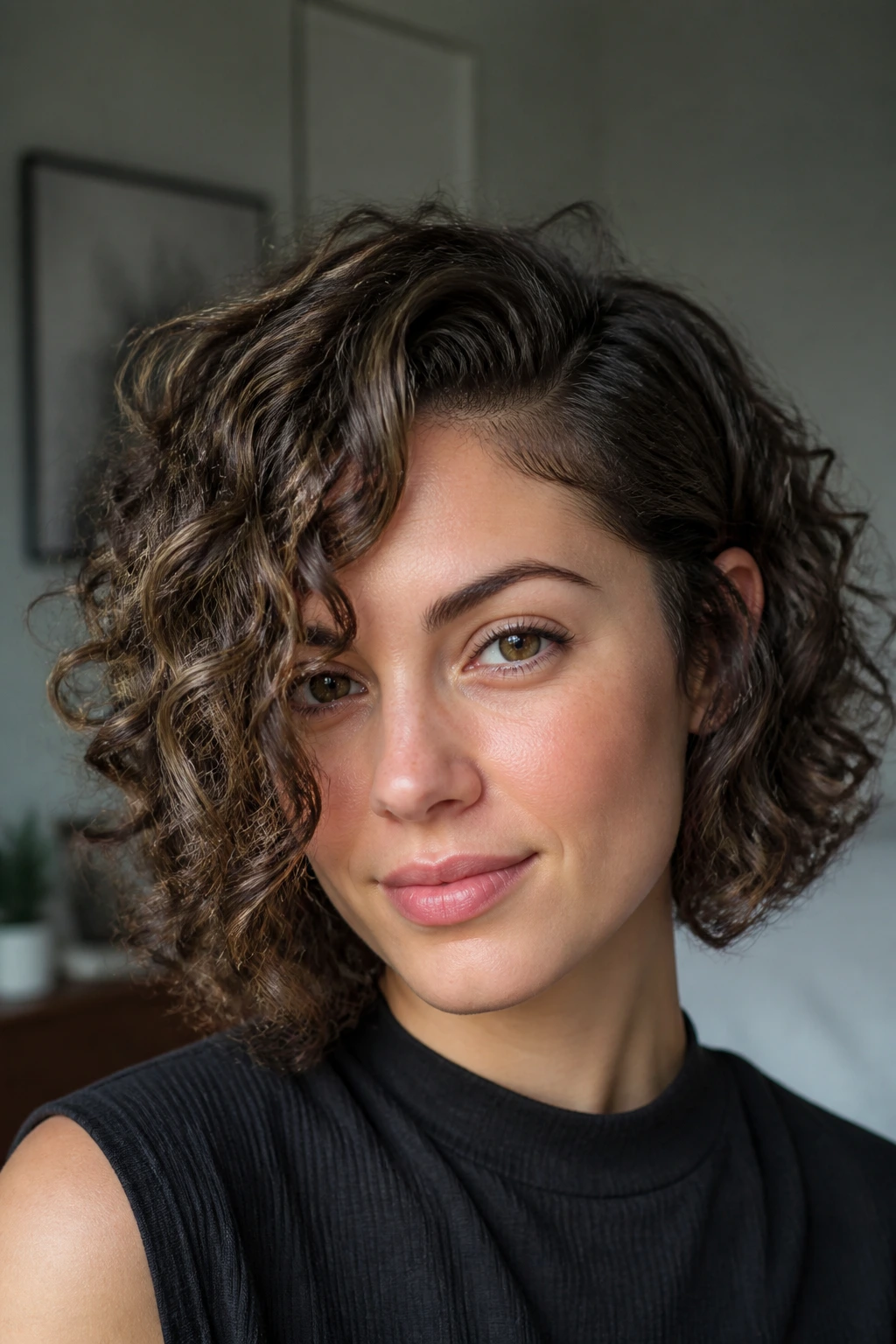 Close-up of a real woman with a deep side-part curly bob hairstyle.