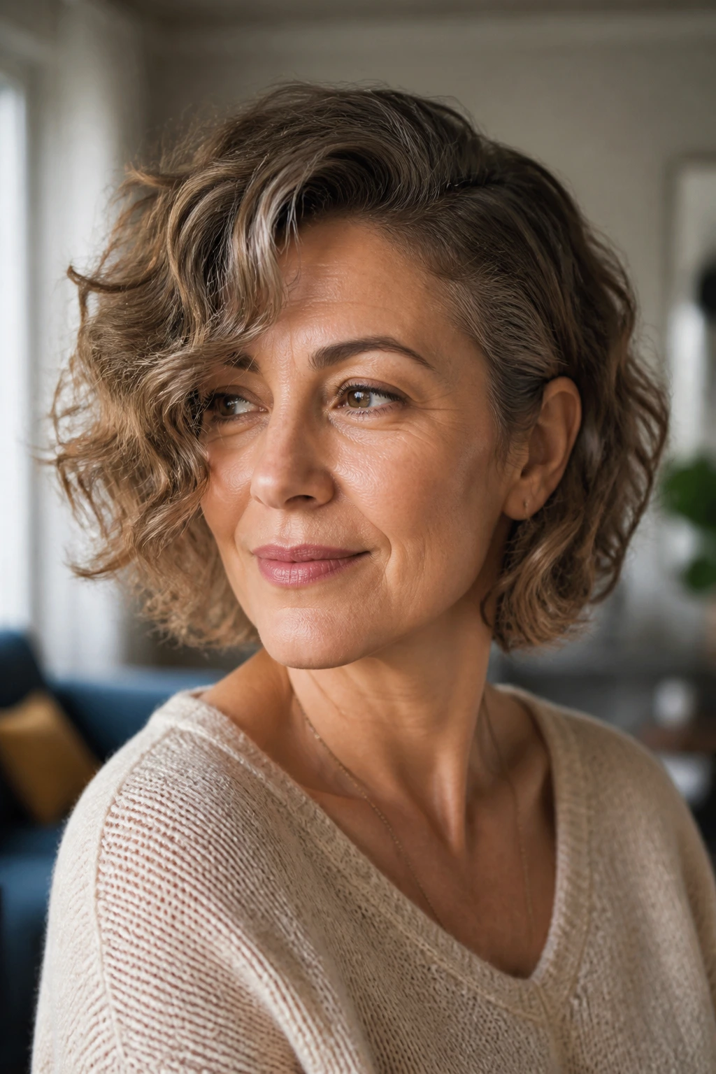 Real woman with deep side-part curly bob close-up portrait