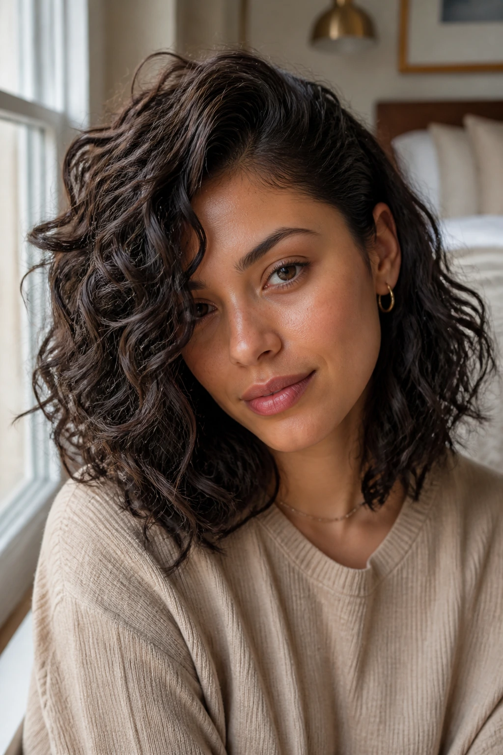 Close-up of a woman with a deep side-parted curly lob in natural light