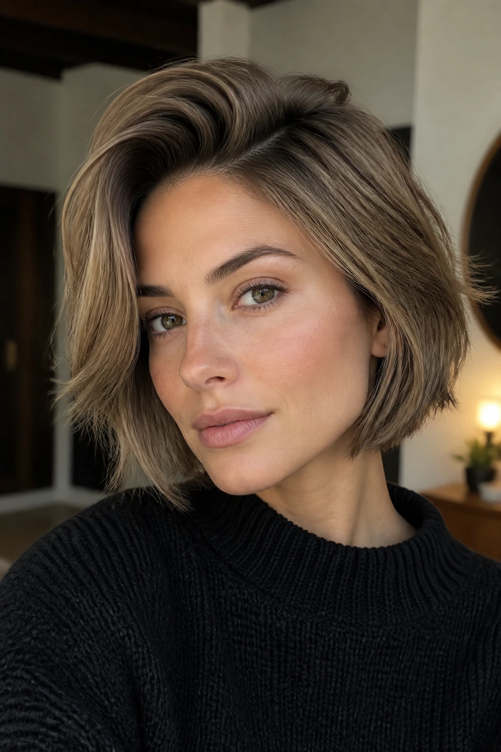 Close-up of a woman with a deep side part and lifted roots.