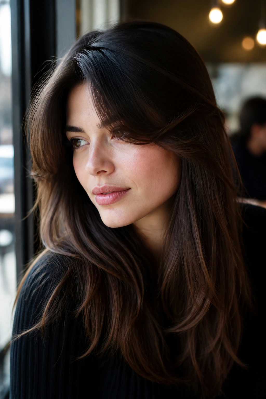 Close-up of a real woman with a deep side-part curtain sweep in warm daylight.